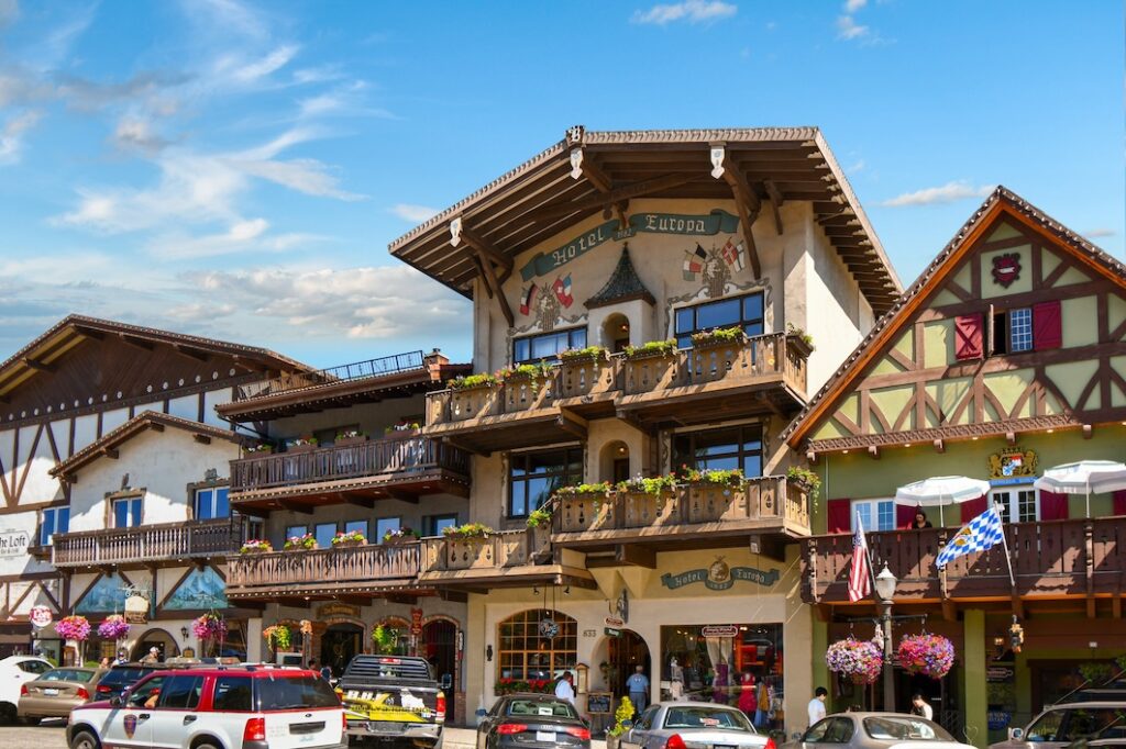Maifest showcases Picturesque buildings and shops in the Bavarian and Scandinavian themed town of Leavenworth, Washington State, USA
