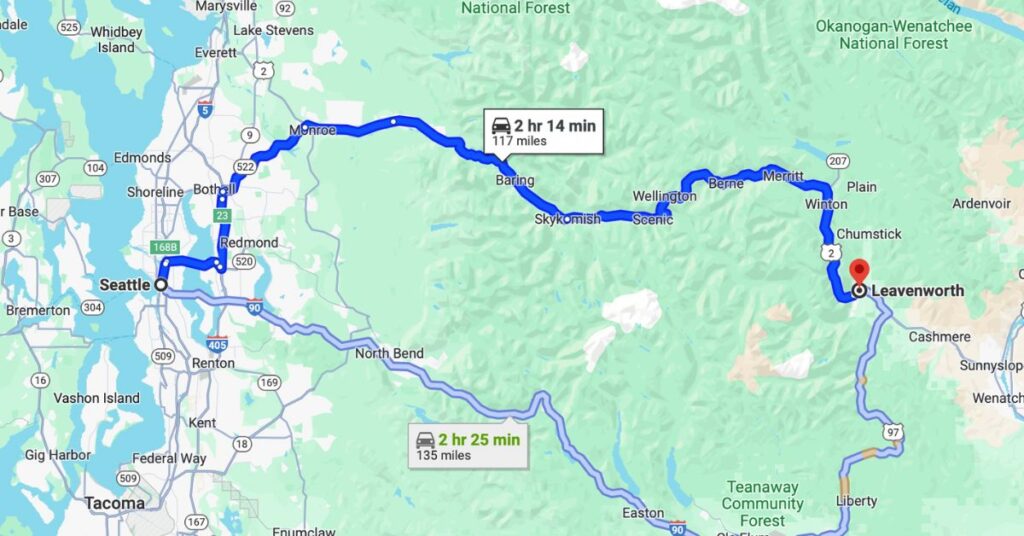 Route from Seattle to Leavenworth. Map showing how to get to Leavenworth to Seattle. Article Leavenworth A Weekend Escape From Seattle by Silvara Cellars
